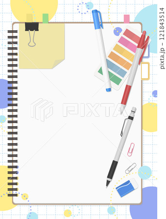 文房具とノートのセット、ポップな背景 121843514