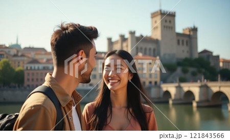 An animated conversation captured between couple with medieval castle in backdrop Smiling Asian 121843566