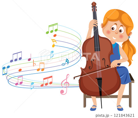 Joyful Girl Playing Cello with Notes 121843621