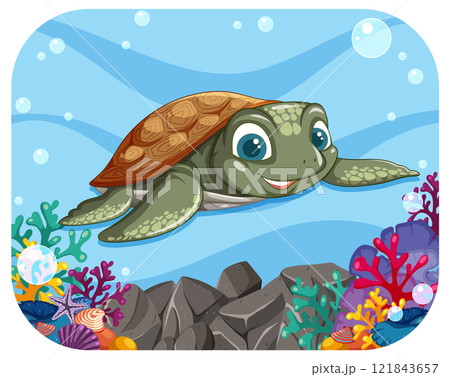 Cheerful Sea Turtle in Vibrant Coral Reef 121843657