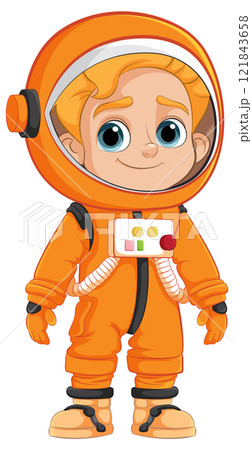 Cheerful Astronaut in Orange Spacesuit 121843658