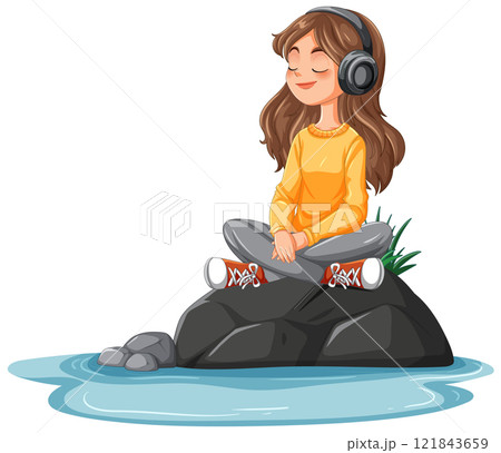 Girl Meditating with Headphones by Water 121843659