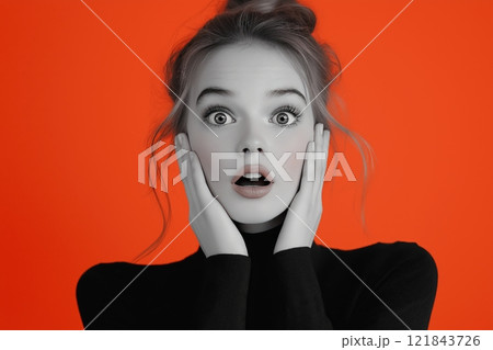 Surprised young woman expressing shock against vibrant orange background 121843726