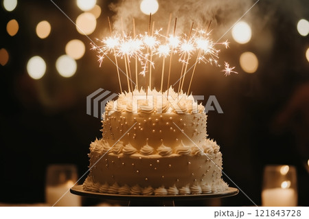 Celebratory cake adorned with sparklers at an evening gathering 121843728