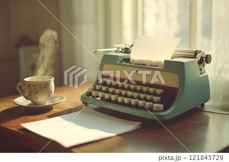 Vintage typewriter and coffee cup beside a window with smoke rising 121843729