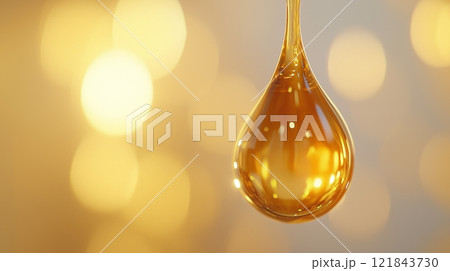Golden honey drop glistens in warm light with blurred background, copy space 121843730