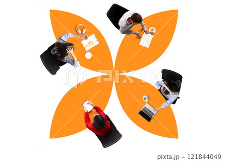 Conceptual graphic design. Four people sitting around orange floral design, working or interacting, signifying harmony and creative connections in digital world. 121844049