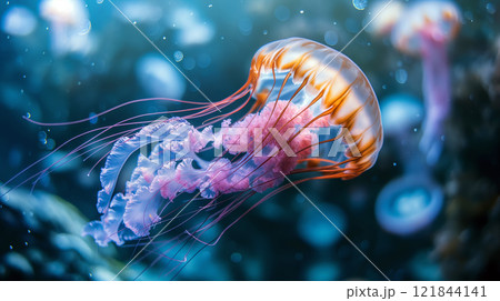 Vibrant jellyfish gliding gracefully in a tranquil underwater environment near coral reefs 121844141