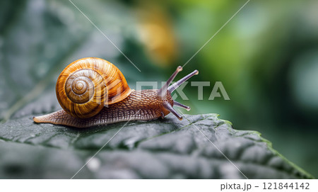 Snail crawling on a green leaf in a vibrant garden during daylight hours Snail crawling on a green leaf in a vibrant garden during daylight hours 121844142