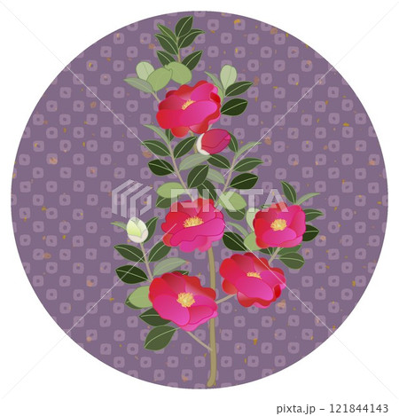 円形背景のついた寒椿のイラスト 121844143