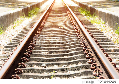 Empty Straight Two-Way Railways At Summer Sunny Day, Between Two Railroad Tracks. Empty Straight Two-Way Railways At Summer Sunny Day, Between Two Railroad Tracks. 121844289