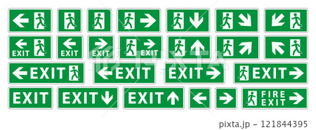 Emergency exit sign icon symbol set. Green Fire safety exit sign logo collection. Running man and exit door sign. Vector illustration image. Isolated on white background. Emergency exit sign icon symbol set. Green Fire safety exit sign logo collection. Running man and exit door sign. Vector illustration image. Isolated on white background. 121844395