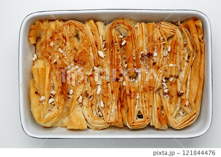 Finished Crinkle Cake made from phyllo dough 121844476