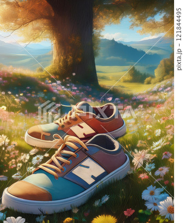 花の咲く平原と2足の靴 121844495