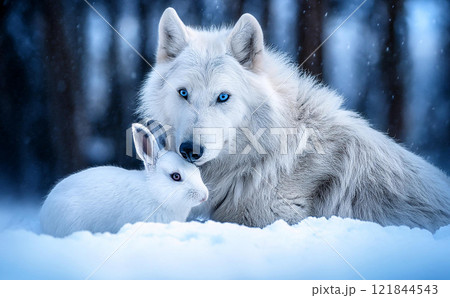 雪の降る森で寄り添うオオカミとうさぎ5 121844543