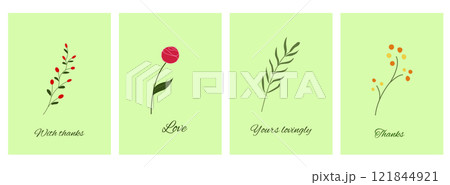 Set of postcards with garden flowers. Delicate flowers and leaves. Botanical greeting cards with captions Set of postcards with garden flowers. Delicate flowers and leaves. Botanical greeting cards with captions 121844921