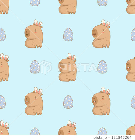 Easter Seamless pattern. Funny smiling capybara in bunny ears on blue background with polka dot paschal eggs. Holiday cartoon kawaii character. Vector illustration. Kids collection 121845264