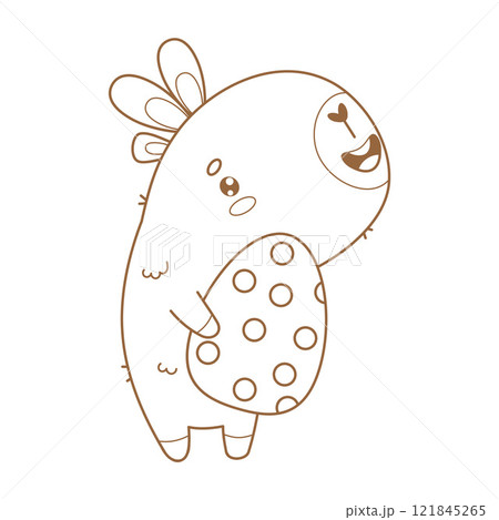 Cute Outline Easter Capybara in bunny ears with paschal egg. Happy cartoon character animal. Line drawing, coloring book. Vector illustration. Kids collection 121845265