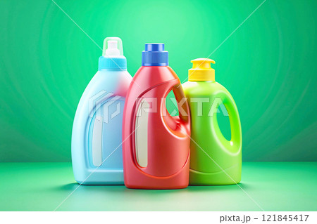 Plastic various bottles for detergents on green background 121845417