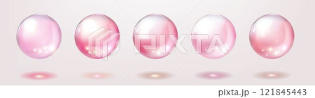 Collagen realistic translucent pink spheres isolated on pink background. 3d anti aging moisture essence drops. Vitamin, rose water template vector illustration Collagen realistic translucent pink spheres isolated on pink background. 3d anti aging moisture essence drops. Vitamin, rose water template vector illustration 121845443