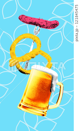 Conceptual graphic design. Pretzel, sausage, and beer mug, against blue background with leaf patterns,traditional holiday flavors with modern party vibes. Conceptual graphic design. Pretzel, sausage, and beer mug, against blue background with leaf patterns,traditional holiday flavors with modern party vibes. 121845475