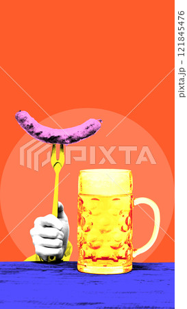 Conceptual graphic design. Sausage on fork with beer mug, representing festive food, holiday fun against vibrant background. Conceptual graphic design. Sausage on fork with beer mug, representing festive food, holiday fun against vibrant background. 121845476