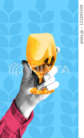 Conceptual graphic design. Hand holding frothy glass of beer, against blue background with minimalist leaf patterns. Conceptual graphic design. Hand holding frothy glass of beer, against blue background with minimalist leaf patterns. 121845509