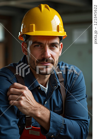 Construction worker in a hard hat showcases determination at a job site during the day 121845622