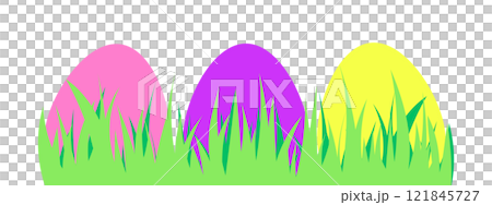 Colorful Easter eggs in pink, purple, and yellow partially hidden in green grass on a white background. Spring holiday design. Colorful Easter eggs in pink, purple, and yellow partially hidden in green grass on a white background. Spring holiday design. 121845727