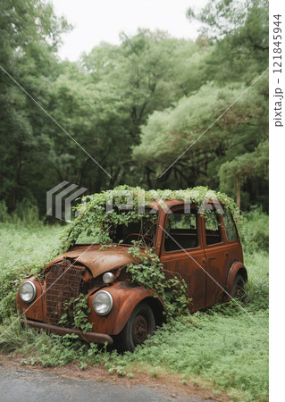 Rusting relic overtaken by nature in a serene forest setting during a misty morning. Generative AI 121845944