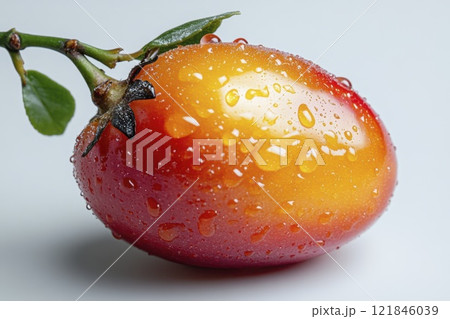 Vibrant fruit glistens with water droplets, showcasing its fresh and juicy allure in a minimalist setting. Generative AI 121846039