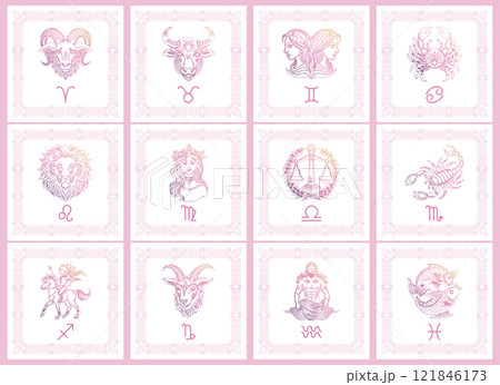 A set of zodiac sign cards in pastel colors. Outline signs of the astrological horoscope. Icons, templates A set of zodiac sign cards in pastel colors. Outline signs of the astrological horoscope. Icons, templates 121846173