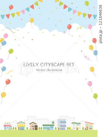 風船とガーランドと紙吹雪を背景にシンプルなお店や住宅が並ぶ街並み。Aサイズ縦型のベクターイラスト 風船とガーランドと紙吹雪を背景にシンプルなお店や住宅が並ぶ街並み。Aサイズ縦型のベクターイラスト 121846636