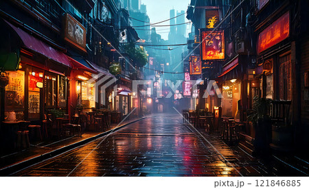 雨に濡れたネオン街の路地と幻想的な風景 121846885