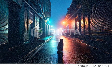 雨の夜の街とネオンの光に佇む猫のシルエット 雨の夜の街とネオンの光に佇む猫のシルエット 121846894