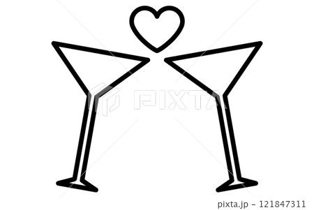カクテルグラスを合わせるとハートマーク、シンプルでかわいい白黒のバレンタインアイコン 121847311