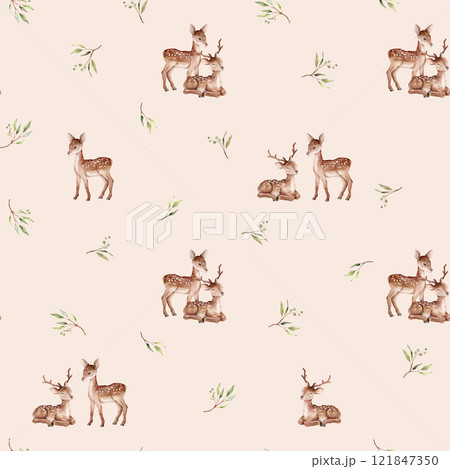 Watercolor seamless pattern with deer and eucalyptus leaves and green berry. Cute childrens repeat wallpaper muted color with forest animals. Hand drawn illustration isolated on background. Watercolor seamless pattern with deer and eucalyptus leaves and green berry. Cute childrens repeat wallpaper muted color with forest animals. Hand drawn illustration isolated on background. 121847350