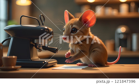 mouse working as barista in a cute coffee shop, generative ai 121847396