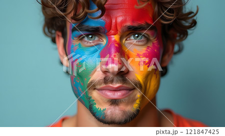 close up man portrait with lgbt rainbow painted on the face, generative ai 121847425