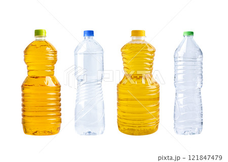 Vegetable oil and water in different bottle for cooking isolated on white background. Vegetable oil and water in different bottle for cooking isolated on white background. 121847479
