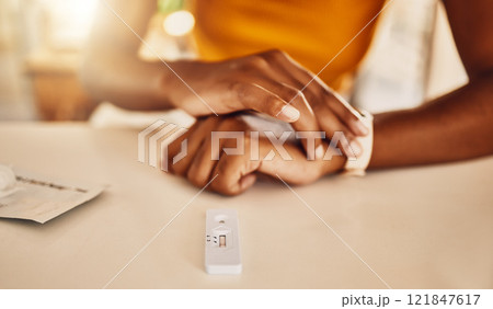 Testing for covid, corona virus or infection with a rapid antigen test kit at home. Closeup of a woman waiting for the result of a screening test to diagnose an illness, sickness or infection Testing for covid, corona virus or infection with a rapid antigen test kit at home. Closeup of a woman waiting for the result of a screening test to diagnose an illness, sickness or infection 121847617