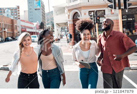 Happy, young and free trendy friends having fun on a day in the city, laughing while walking and talking together. Diverse group exploring downtown, enjoying their free time on the weekend Happy, young and free trendy friends having fun on a day in the city, laughing while walking and talking together. Diverse group exploring downtown, enjoying their free time on the weekend 121847879