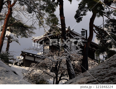 赤松の木立と雪の城門 121848224