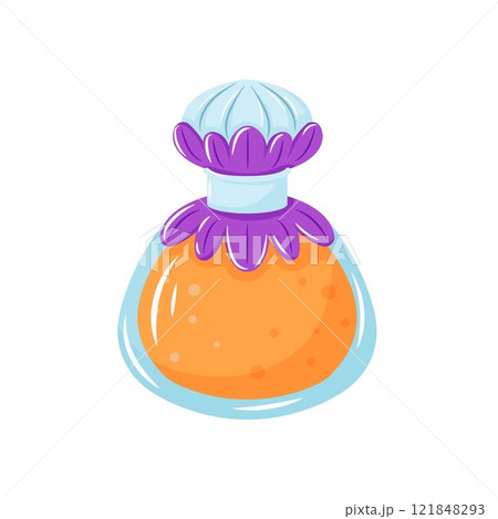 Perfume bottle with a orange liquid and purple petals in cartoon style. Perfect for beauty, fragrance or cosmetic related design. Vector illustration isolated on a white background. 121848293
