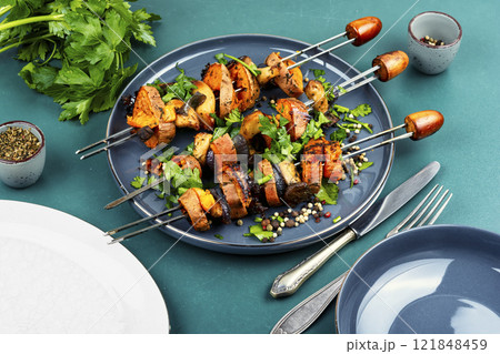 Roasted Vegetables on skewers, barbecue vegetables Roasted Vegetables on skewers, barbecue vegetables 121848459