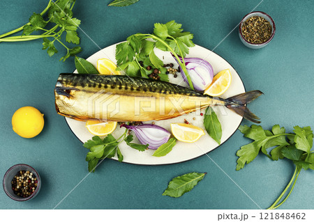 Whole smoked mackerel fish. Whole smoked mackerel fish. 121848462
