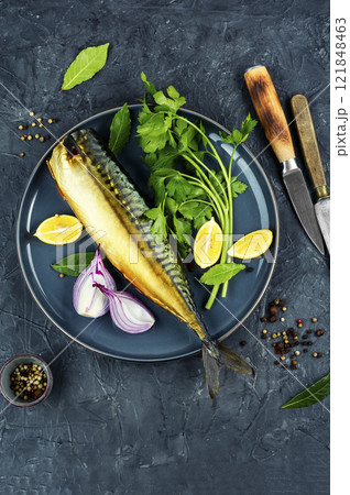 Smoked mackerel, scomber fish. Smoked mackerel, scomber fish. 121848463