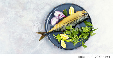 Whole smoked mackerels. 121848464