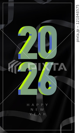 Vertical card with the green and blue metallic numbers 2026 and a serpentine on a dark background of black fabric. Modern design for New Year and Christmas cards, banners, invitations. 3D vector 121848575