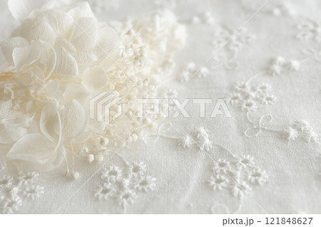 白いレース生地に白い花のシンプルな背景素材 白いレース生地に白い花のシンプルな背景素材 121848627